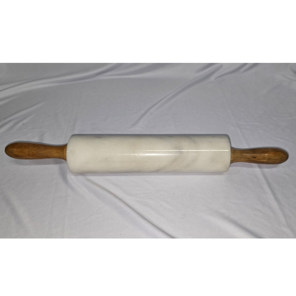Vintage White Marble Rolling Pin with Wooden Handles Heavy Duty Pastry Tool